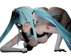 3d ass_up bent_over blender blue_eyes blue_hair blush breasts hatsune_miku looking_at_viewer racing_miku seductive_look seductive_smile twintails