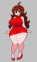 1girls ai_generated auburn_hair big_boobs big_breasts blush female female_only friday_night_funkin full_body girlfriend_(friday_night_funkin) huge_breasts light-skinned_female light_skin red_clothing red_dress red_heels solo solo_female tagme thick_thighs tight_clothing