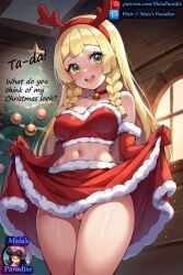 christmas christmas_clothing christmas_outfit christmas_tree happy lillie_(pokemon) maia's_paradise nintendo pokemon pokemon_sm pokemon_usm pussy skirt_lift teasing text