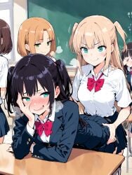 ai_generated bent_over blush classroom doggy_style female female_only girls_only original pretending school_uniform schoolgirl skirt smile watching yuri