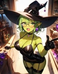 ai_generated angry big_breasts breasts choker cleavage curvy curvy_body curvy_female curvy_figure curvy_hips fishnets from_above garter_straps gloves goblin goblin_female green_body green_eyes green_hair green_skin hilda_(starlightnex) nipple_bulge original original_character pointy_ears potion sharp_teeth short_hair shortstack starlightnex thick thick_legs tsundere witch_hat