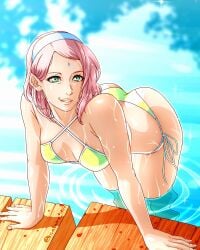 1girls arm_support bare_shoulders bent_over bikini bob_cut boruto:_naruto_next_generations commentary female female_only green_eyes hair_ornament hairband happy happy_female huge_ass long_hair looking_at_viewer mature mature_female midriff milf naruto naruto_(series) outdoors partially_submerged petite pink_hair saburo_des sakura_haruno side-tie_bikini side_view sideboob small_breasts solo solo_focus sunlight swimsuit text upper_body water