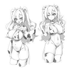 bikini black_and_white cow_bell cow_bikini cow_ears cow_girl cow_gloves cow_tail cow_thighighs gloves long_hair long_sleeves mole_on_breast mole_on_thigh navel nicole_demara one_eye_closed peace_sign