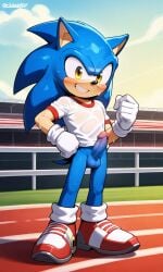 1boy ai_generated balls blue_balls blue_body blue_penis blush erection gloves happy humanoid_genitalia humanoid_penis looking_at_viewer male_only mario_and_sonic_at_the_olympic_games no_pants olympic penis shoes smile smiling smiling_at_viewer solo solo_male sonic_(series) sonic_the_hedgehog sonic_the_hedgehog_(series) stadium stadium_background vraiphenix wet_body wet_shirt