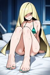 aether_foundation ai_generated bed bedroom blonde_hair feet foot_fetish foot_focus foot_play green_eyes looking_at_viewer looking_down looking_pleasured lusamine_(pokemon) mature_female milf mirageart pokemon pokemon_sm soles solo solo_female sweat toes wide_hips