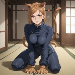 ai_generated animal_ears animal_hands bangs blush bodysuit breasts brown_eyes brown_hair cat_ears cat_girl cat_tail female heart heart_tail indoors jujutsu_kaisen kemonomimi_mode kugisaki_nobara looking_at_viewer medium_breasts mole multiple_tails paw_gloves paw_pose short_hair shouji sliding_doors solo tail tail_raised tatami window