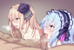 2boys 2girls blonde_hair braided_hair cum cum_on_face ebon_umax fairy_fencer_f fellatio female gold_eyes group_sex hair_ornament lolita_hairband long_hair marianna_(fairy_fencer_f) nude penis pink_eyes tiara_(fairy_fencer_f) tongue white_hair