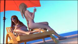 2girls 3d beach beach_chair beach_umbrella blonde_female blonde_hair blonde_hair_female breast clear_sky day daytime desert_stalker emilia_(desert_stalker) fairy_(desert_stalker) glass hi_res high_resolution long_hair naked naked_female naked_females nude nude_female nude_females ocean red_hair sea seaside shore shoreline sitting_on_chair summer sunbathing sunglasses sunlight tinted_eyewear video_game video_game_character video_games visual_novel zetands