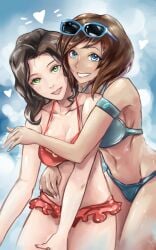 2girls arm_around_shoulders arm_around_waist armpits asami_sato avatar_legends barely_clothed bikini black_hair blue_bikini blue_eyes bob_cut brown_hair canon_couple cleavage clouds cute dark-skinned_female duo embrace female_only fit_female frilly_bikini frilly_clothing green_eyes head_tilt heart hearts_around_head hugging hugging_from_behind korra light-skinned_female lipstick long_hair looking_at_viewer love loving_embrace nickelodeon nicktoons pinup posing_for_the_viewer red_bikini sky straight_hair summer sunglasses sunglasses_on_head tagme the_avatar the_legend_of_korra thin_waist tomboy two-piece_swimsuit upper_body water wet wholesome yuri