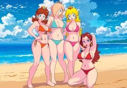 4girls beach bikini blonde_hair breasts brown_hair crown female females furboz mario_(series) navel_piercing nintendo pauline princess_daisy princess_peach princess_rosalina