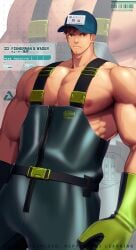 1boy bara beard_stubble beefy belt biceps big_breasts big_hands blue_eyes brown_hair buckle cap disproportional gay gloves heterochromia hi_res hunk looking_at_viewer male male_breasts male_only manly mature_male meisho_hanten muscles muscular muscular_arms muscular_male nameplate oppai original original_character overalls pecs red_eyes short_hair solo standing suspenders text thick_arms tough_guy v-shaped_eyebrows veiny_arms veiny_breasts veiny_muscles very_high_resolution wide_shoulders yaoi zipper