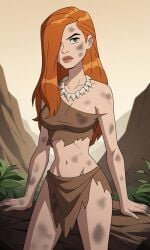 ai_generated ben_10 ben_10_ultimate_alien bigmic145 bone_necklace breasts cavewoman cleavage dirty female female_focus female_only ginger ginger_hair gwen_tennyson gwen_tennyson_(alien_force) gwen_tennyson_(ultimate_alien) hair_over_one_eye jurassic loincloth long_hair medium_breasts orange_hair ripped_clothing ripped_clothing single_bare_shoulder