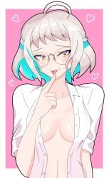 1girls belly_button blair_labri_(vtuber) female female_only glasses grey_hair heart heart-shaped_pupils indie_virtual_youtuber inner_sideboob light-skinned_female light_skin no_bra shirt solo symbol-shaped_pupils tongue tongue_out touching_tongue unbuttoned unbuttoned_shirt virtual_youtuber wellporia_(wellporium) white_shirt yellow_eyes