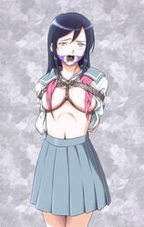 aragaki_ayase arms_behind_back bondage box_tie breast_bondage breasts censored femsub gag gagged highres medium_breasts nude open_mouth_gag ore_no_imouto_ga_konna_ni_kawaii_wake_ga_nai ring_gag rope sakuraba_tsukasa saliva schoolgirl skirt spider_gag sweat tears