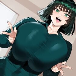 1girls ai_generated cleavage clothed creamy_ai curvy curvy_female curvy_figure female female_only fubuki_(one-punch_man) green_hair huge_breasts light-skinned_female light_skin one-punch_man revealing_clothes short_hair tagme teasing