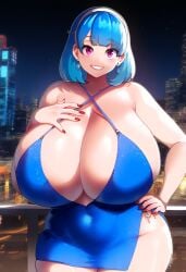 ai_generated ameanon big_breasts blue_dress blue_hair breasts breasts_bigger_than_head center_opening cleavage covered_navel criss-cross_halter dress evening_gown gigantic_breasts huge_breasts large_breasts party_dress pink_eyes red_nails rina_atherina rina_atherina_(errorkazoo) short_dress sideboob taut_clothes thick_thighs tight_clothing tight_fit