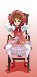 1futa blush breasts brown_hair calpara cardcaptor_sakura censored chair clothing dress futa_only futa_sans_balls futanari gloves green_eyes hat highres human intersex light-skinned_futanari light_skin magical_girl penis ribbon sakura_kinomoto short_hair sitting smile solo stockings thighhighs tied_hair twintails wings