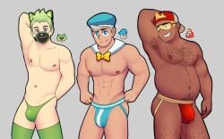 bara bara_tits barazoku dark-skinned_male dark_skin fair_skin fake_cat_ears fuecoco generation_9_pokemon gijinka hairy hairy_male light_skin male_focus male_only mask masked_male nipple_piercing nipples pink_eyes pokemon quaxly sailor_collar serperoir speedo sprigatito tanned_skin underwear