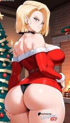 ai_generated android_18 ass ass_focus ass_grab bare_shoulders black_choker blonde_female blonde_hair blue_eyes boosterred99 choker christmas christmas_clothing christmas_outfit christmas_tree dragon_ball dragon_ball_z dress earrings from_behind from_behind_position large_breasts pony_diffusion_xl red_dress santa_costume seductive_look seductive_smile short_hair strapless thighs white_thong wide_hips