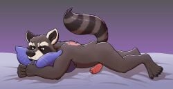 anthro ass blue_balls bodily_fluids brown_body brown_fur cum digital_media_(artwork) fluffy fluffy_tail fur genital_fluids genitals guardians_of_the_galaxy hi_res humanoid_genitalia humanoid_penis male marvel marvel_comics nude penis pillow raised_tail rocket_raccoon solo sulking tail