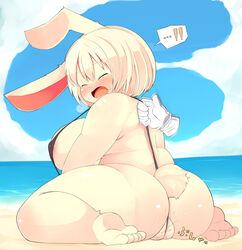 ass beach big_ass big_breasts blonde_hair breasts chubby color disembodied_hand female hair lagomorph mcdonnell-douglas nipples orgasm overweight plump_labia pussy pussy_juice rabbit red_eyes seaside skimpy sky sling_bikini water