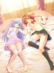 bare_shoulders barefoot bed black_legwear black_socks blush brown_eyes brown_hair denhijou_niki feet female female_only flat_chest highres human index innie_pussy knee_socks kneehighs kneesocks long_hair lying misaka_mikoto multiple_females multiple_girls panties panties_around_leg panties_around_one_leg pillow plaid pussy short_hair skirt socks strap_slip to_aru_kagaku_no_railgun to_aru_majutsu_no_index uncensored underwear upskirt