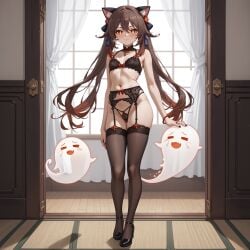 ai_generated animal_ears bare_shoulders black_bra blush boo_tao_(genshin_impact) bow bra breasts brown_hair cat_ears female garter_belt genshin_impact hair_ornament hair_ribbon highleg hu_tao_(genshin_impact) indoors jewelry lingerie long_hair looking_at_viewer navel orange_eyes panties ribbon shoes solo stomach tail thighhighs thighs twintails underwear underwear_only