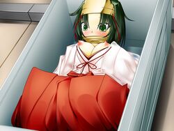 1girls bondage bound_in_box box breasts censored erect_nipples female gag gagged girl_in_a_box green_eyes green_hair in_box in_container nipples short_hair solo takuteks tape_gag tears