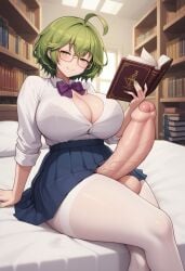 1futa ai_generated bed big_breasts blue_skirt blush blushing book bookshelf bow civitai clara_(project_qt) crossed_legs eyebrows eyebrows_visible_through_hair foreskin futa futa_only futanari glasses green_eyes green_hair green_nails half-closed_eyes holding_book huge_breasts huge_cock inner_sideboob large_breasts large_penis long_penis on_bed open_book pantyhose pqt_futa_lover project_qt purple_bow short_hair sit sitting sitting_on_bed skirt sleeves smile solo solo_futa white_pantyhose white_shirt window