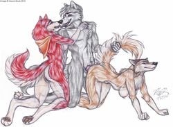 2010 aleu all_fours anthro balls balto balto_(film) breasts canine female fingering fur furry hindpaw incest jenna male mayra_boyle paws penetration penis scarf sex threesome