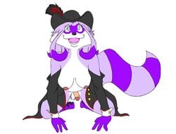 2012 all_fours anthro balls breasts dickgirl hair happy hat intersex noma open_mouth paralysed penis purple_hair raccoon solo