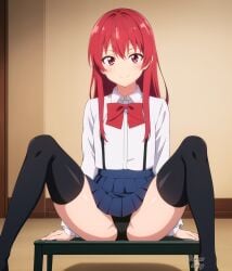 ai_generated blush demens_kippy kanojo_mo_kanojo large_legs long_hair looking_at_viewer only_female panties pink_eyes pink_hair saki_saki_(kanojo_mo_kanojo) school_uniform schoolgirl small_breasts spread_legs