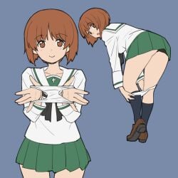 1girls :o bent_over black_legwear black_neckerchief blouse brown_eyes brown_footwear brown_hair closed_mouth commentary girls_und_panzer green_skirt highres holding holding_panties holding_underwear holding_unworn_clothes loafers long_sleeves looking_at_viewer looking_back miniskirt multiple_views neckerchief nishizumi_miho onsen_tamago_(hs_egg) ooarai_school_uniform open_mouth panties panty_pull pleated_skirt presenting_removed_panties pulling_own_clothes sailor_collar school_uniform serafuku shirt shoes short_hair simple_background skirt smile socks standing underwear white_panties white_sailor_collar white_shirt