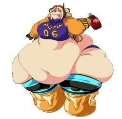 1girls belly blonde_hair breasts fat female female_only freckles ghostwank gigantic_belly hips huge_belly huge_thighs morbidly_obese morbidly_obese_female obese obese_female one_piece overweight overweight_female solo solo_female solo_focus thick_thighs thighs vegapunk_york wide_hips