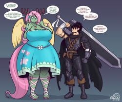 anthro armor berserk big_breasts bigger_female cobatsart cosplay dragon_girl dress fake_wings fluttershy_(cosplay) fluttershy_(mlp) friendship_is_magic guts_(berserk) guts_(cosplay) herald_(cobat) horns huge_breasts humanoid male maple_(cobat) muscles my_little_pony sword wide_hips