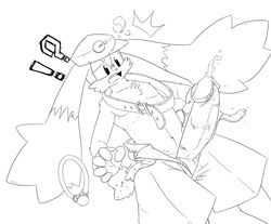 !? anthro belt cum dutch_angle erect floppy_ears fluffy_ears furry gloves half-closed_eye hat hyper hyper_penis klonoa klonoa_(series) looking_at_penis looking_down male monochrome namco navel pac-man_(series) penis precum ring shorts sideways_hat testicles thick_penis veiny_penis very_long_ears