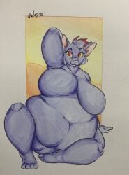 1girls 4_toes aged_up anthro artist_signature belly belly_overhang big_belly blue_fur breasts eyelashes fatfur featureless_breasts feline feline female female_only furry half-closed_eyes hand_on_ground hands_behind_head mae_borowski midriff muffin_top naked naked_female navel night_in_the_woods nude nude_female posing pussy red_eyes red_hair sagging_breasts sitting smile smiling solo traditional_media_(artwork) veles velesart yellow_sclera