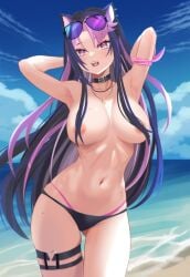 1girls alternate_version_available animal_ears arms_behind_head beach big_breasts bikini blue_hair blush catgirl clouds day estebaneishon1 female female_focus female_only front_view hair_covering_nipples highres latam_virtual_youtuber light-skinned_female light_skin long_hair looking_at_viewer lowres mole mole_on_breast mole_under_eye no_bra ocean panther_girl pink_eyes pink_hair ponytail shura_hiwa sky solo solo_female standing summer sunglasses sunglasses_on_head swimsuit thong thong_bikini two_tone_hair virtual_youtuber vjin vtuber vtuberfanart