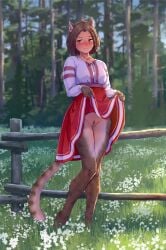 animal_ears barefoot blush braided_hair brown_hair cat_ears cat_tail catgirl embarrassed fluffy fluffy_ears forest fur iskanderednaksi lifting_skirt looking_at_viewer m'rissi mrissi outdoors outside partially_clothed pussy showing_pussy skirt skirt_lift skyrim slavic the_elder_scrolls traditional_clothes yellow_eyes