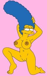 blue_hair breasts closed_mouth color cordless curly_hair exposed_breasts female female_only flat_colors hair human kneeling long_hair marge_simpson matt_groening_(style) navel nude open_eyes pink_background pose posing pussy round_ears skin solo the_simpsons vulva yellow_skin