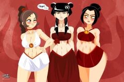 3girls abs alvarikokearte avatar_legends avatar_the_last_airbender azula bare_arms bare_legs bare_shoulders bare_thighs big_breasts bikini bikini_bottom bikini_top black_hair blush brown_eyes brown_hair clothed clothing color english_text female female_focus female_only fire_nation fit_female hi_res large_breasts light-skinned_female light_skin long_hair mai_(avatar) multiple_girls nickelodeon nicktoons nonbender short_hair solo_female speech_bubble swimwear text text_bubble thick_thighs ty_lee yellow_eyes