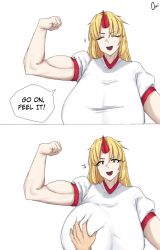 1girls biceps big_breasts blonde_female blonde_hair blonde_hair_female breasts breasts_bigger_than_head clothed clothed_female disembodied_hand female female_focus female_only flexing flexing_bicep funny groping groping_breasts horn hoshiguma_yuugi huge_breasts light-skinned_female light_skin looking_at_viewer meme offering offering_to_viewer offscreen_male omikami omikami_art red_horn shocked shocked_expression talking_to_viewer touhou touhou_project