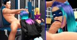 1boy 2girls 3d batman_(series) blowjob dc dc_comics fellatio female gradient_hair harper_row human human_only jason_todd male oral pof3445 red_hood_(dc) stephanie_brown straight the_sims the_sims_4 voyeur