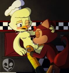 animatronic anthro avian beak bird bodily_fluids breasts canid canine chica_(fnaf) chicken cunnilingus digital_media_(artwork) duo eye_patch eyewear feathers female five_nights_at_freddy's fox foxy_(fnaf) fur galliform gallus_(genus) genitals hi_res machine male male/female mammal nipples notsafeforwanking nude open_mouth oral penis phasianid robot scottgames sex simple_background solo tail text vaginal_penetration wings