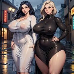 2girls ai_generated al.png ass big_ass big_breasts black_dress black_hair blonde_hair braless breasts breasts_bigger_than_head busty city_background curvy double_slit_dress dress female female_only huge_breasts hyper_hourglass mature mature_body mature_female mature_figure mature_woman milf milfs nipples no_bra rain small_head small_waist thick thick_ass thick_thighs thighs tummy voluptuous voluptuous_female wet white_dress wide_hips