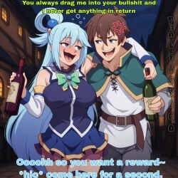 1boy 1girls ai_generated aqua_(konosuba) balfaphico comic dialogue drunk drunk_bubble imminent_sex kono_subarashii_sekai_ni_shukufuku_wo! satou_kazuma text walking