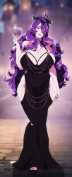 black_dress camilla_(fire_emblem) cleavage detailed_background dress drink fire_emblem fire_emblem_fates lipstick modakawa_dress nintendo pose purple_eyes purple_hair r3dfive tight_clothing