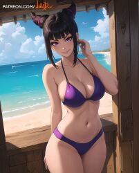 ai_generated bare bare_back bare_legs bare_shoulders bare_thighs big_ass big_breasts big_butt bikini black_hair female female_only huge_ass juri_han looking_at_viewer looking_back purple_eyes purple_hair seaside sideboob slim_waist smiling smiling_at_viewer street_fighter street_fighter_6 swimsuit thick_thighs tied_hair two_tone_hair wide_hips wilddio