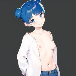 ai_generated blue_eyes blue_hair breasts day_when_world_become_free hami jean_shorts looking_at_viewer nipples shirt short_hair shorts small_breasts smiling smiling_at_viewer unbuttoned unbuttoned_shirt upper_body