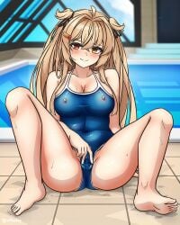 arthur_ko barefoot blue_one-piece_swimsuit breasts brown_eyes cameltoe cleavage commission covered_navel covered_nipples female female_only hair_flaps heterochromia highres indoors kantai_collection light_brown_hair long_hair m_legs medium_breasts murasame_(kantai_collection) murasame_kai_ni_(kantai_collection) one-piece_swimsuit pixiv_commission pool red_eyes rei_no_pool sitting solo solo_female spread_legs spread_pussy_under_clothes swimsuit that_pool two_side_up